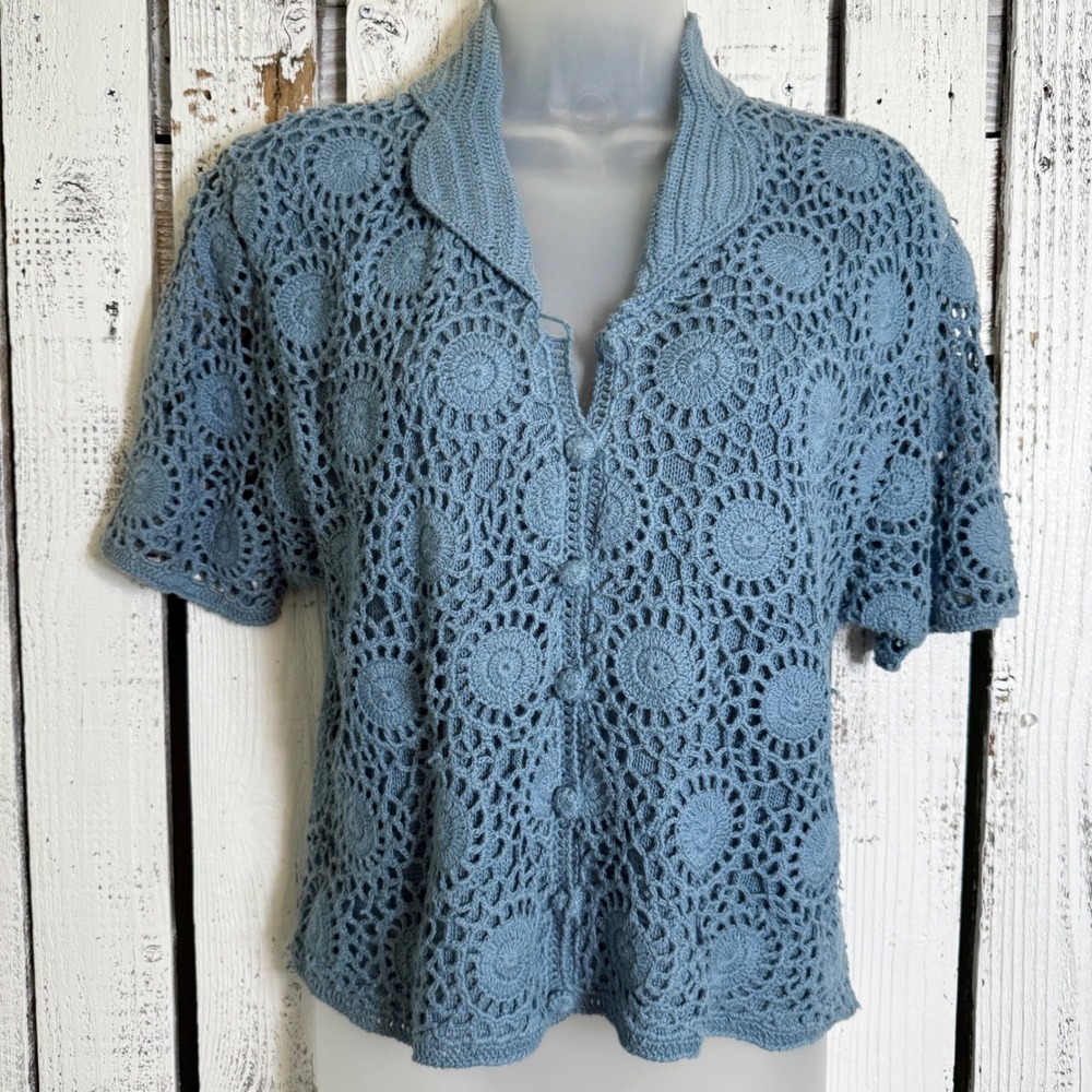 VTG Requirements Petite Blue Crochet Short Sleeve Cardigan Sz L Sweater Boho NWT